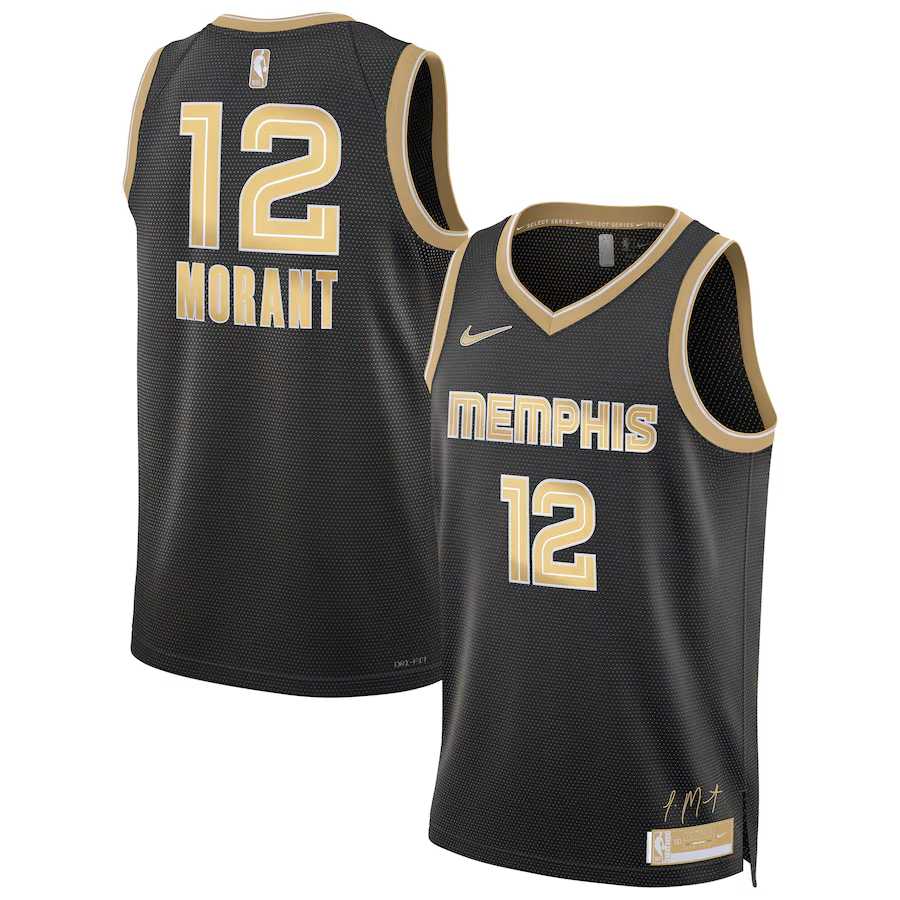 Mens Memphis Grizzlies #12 Ja Morant Black Gold 2024 Select Series Stitched Jersey Dzhi->memphis grizzlies->NBA Jersey